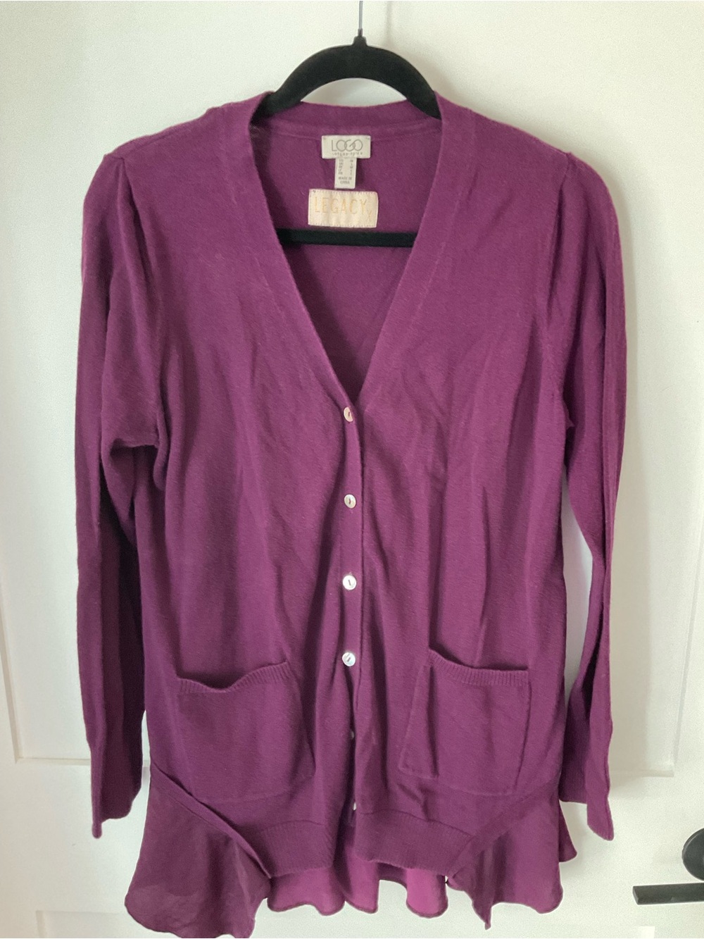 LOGO by Lori Goldstein Plum V-Neck Button Cardigan